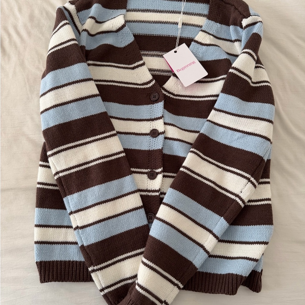 BEGINNING BOUTIQUE ✨- Misha Brown and Blue Stripe Button Down Cardigan - Picture 4 of 7